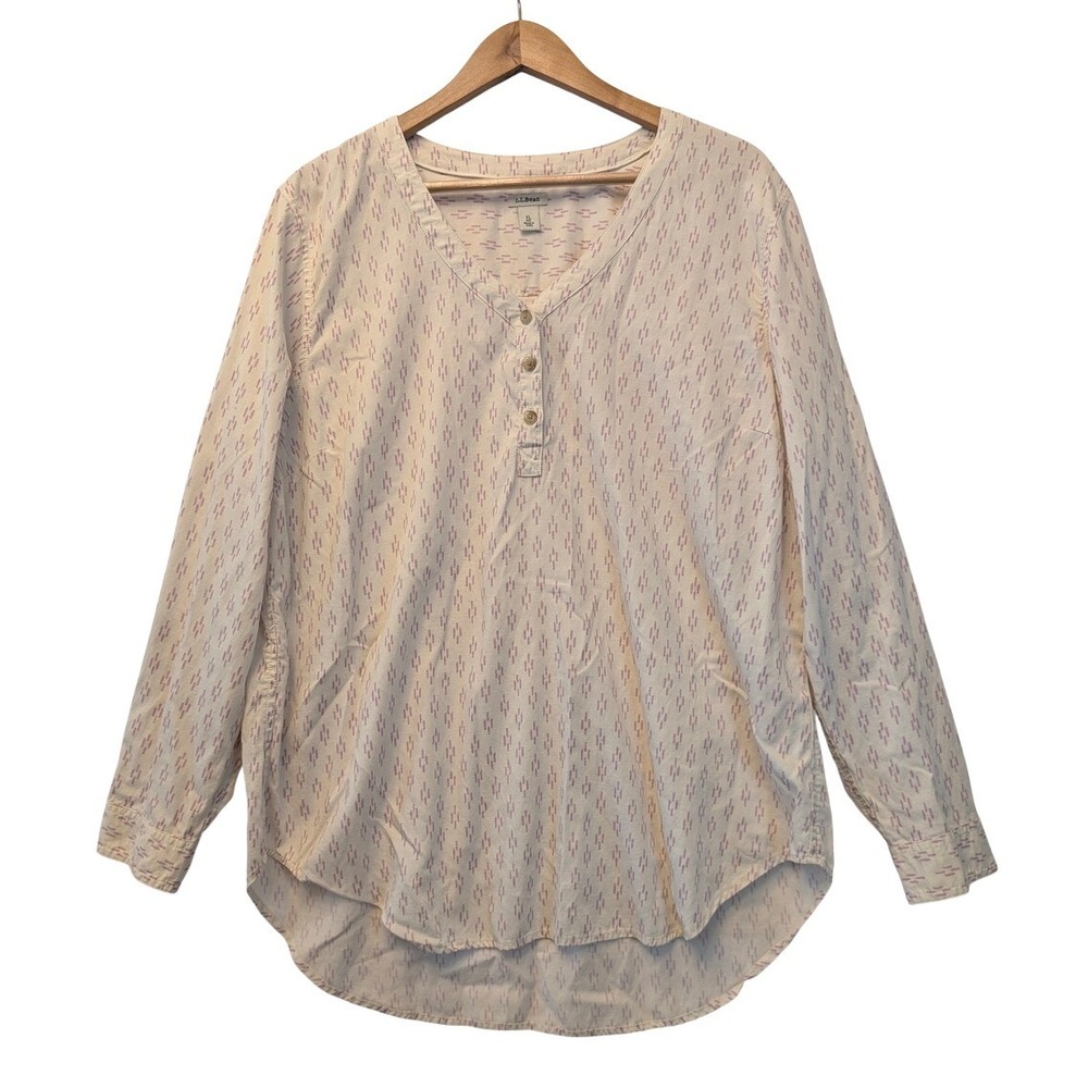 LL Bean Womens XL Tencel Cotton Henley Blouse Pink Geometric Roll Tab 513258